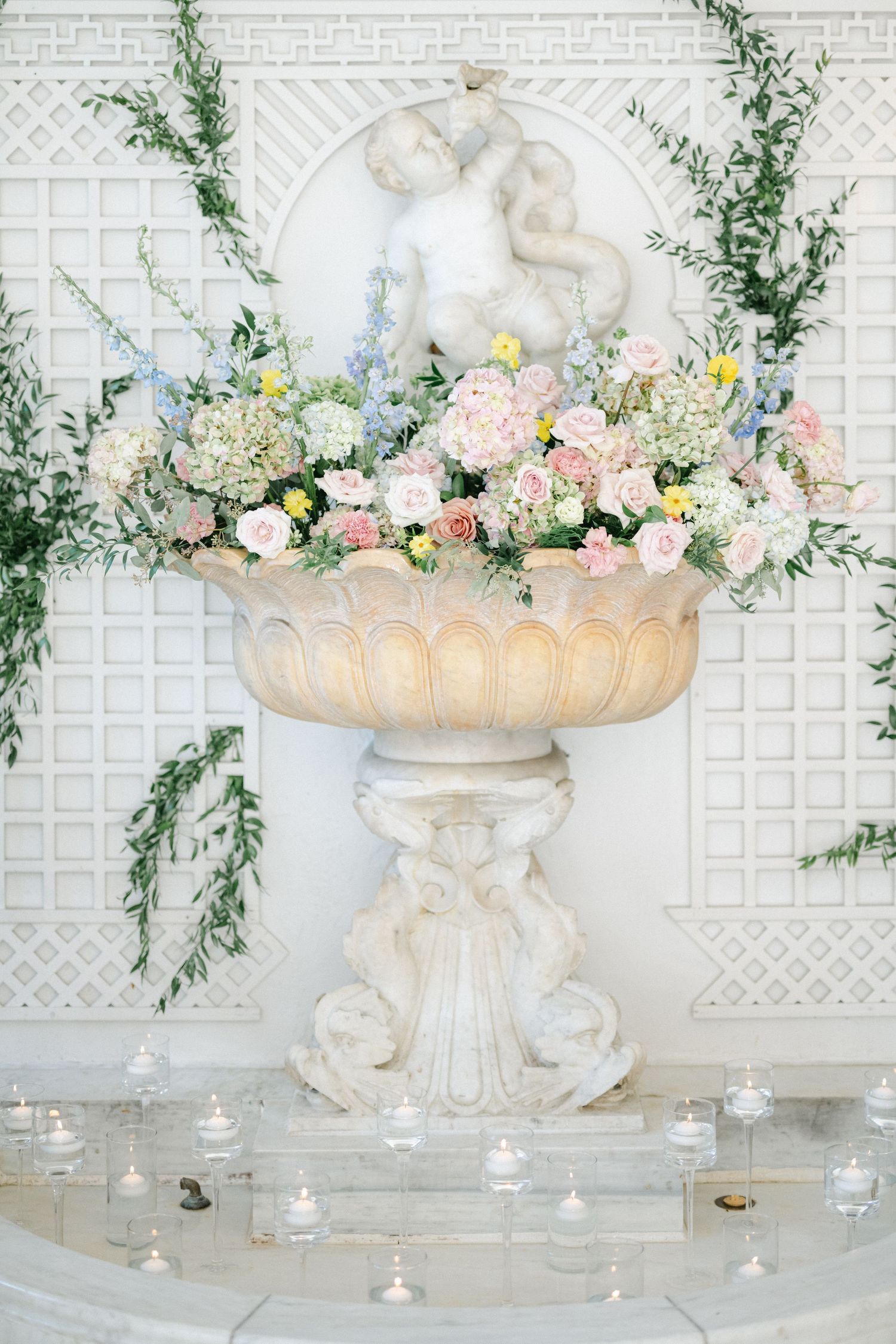 Armour House Wedding - Elegant wedding reception table with white linens, chiavari chairs, crystal glassware.