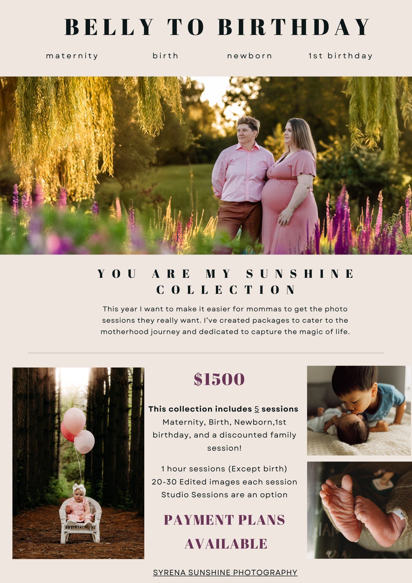 Pregnant couple posing outdoors among wildflowers for a maternity photography session by Syrena Sunshine Photography.