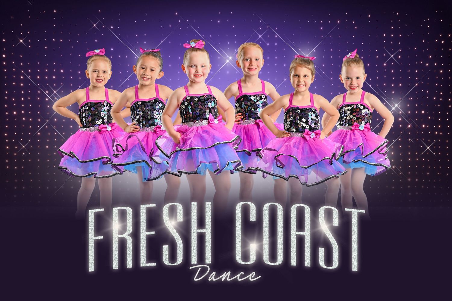 Six young girls in pink and black sequined dance costumes pose together for a Fresh Coast Dance studio recital photo.
