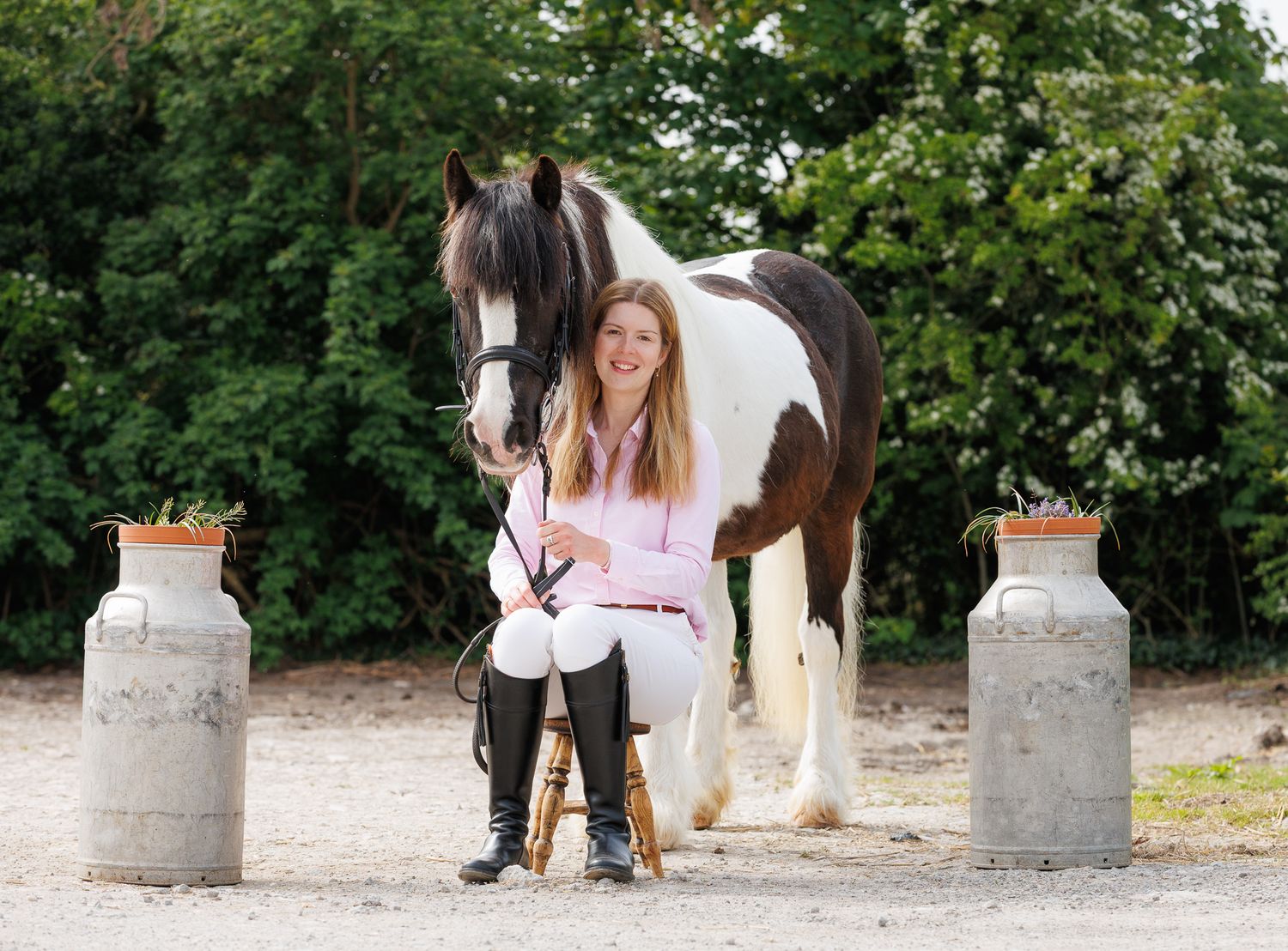 A series of seven photos showing a white horse and rider interacting at a wooden fence in an outdoor setting.