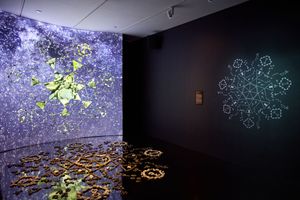Dark gallery with large purple cosmic projection on wall, glowing constellation art, and illuminated floral floor installations.