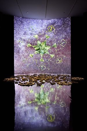 Immersive art installation with cosmic projection featuring green geometric shapes reflected on a dark floor with scattered rocks.