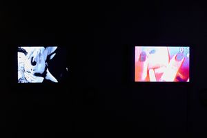 Two illuminated screens in a dark gallery display contrasting black-and-white and colorful video art installations.