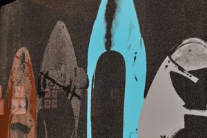 Andy Warhol-style silkscreen print featuring colorful abstract rocket or missile shapes on dark background.