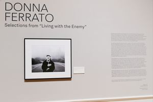 Gallery wall displaying Donna Ferrato's 'Living with the Enemy' photo exhibition with a black-and-white framed photograph.