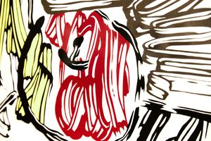 Abstract painting with bold red, yellow, and brown brushstrokes on white canvas.