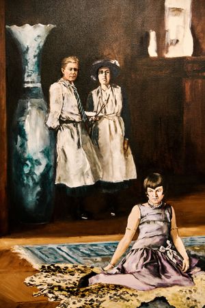 Oil painting of two women in white dresses near a vase, with a young girl in purple sitting on a rug.