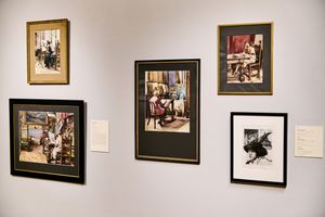 Art gallery wall displaying five framed paintings and illustrations in various sizes, showcasing interior scenes and figures.