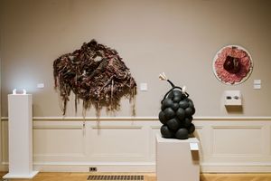 Gallery installation featuring woven fiber wall art, circular textile piece, and black bubble-form sculpture on white pedestals.