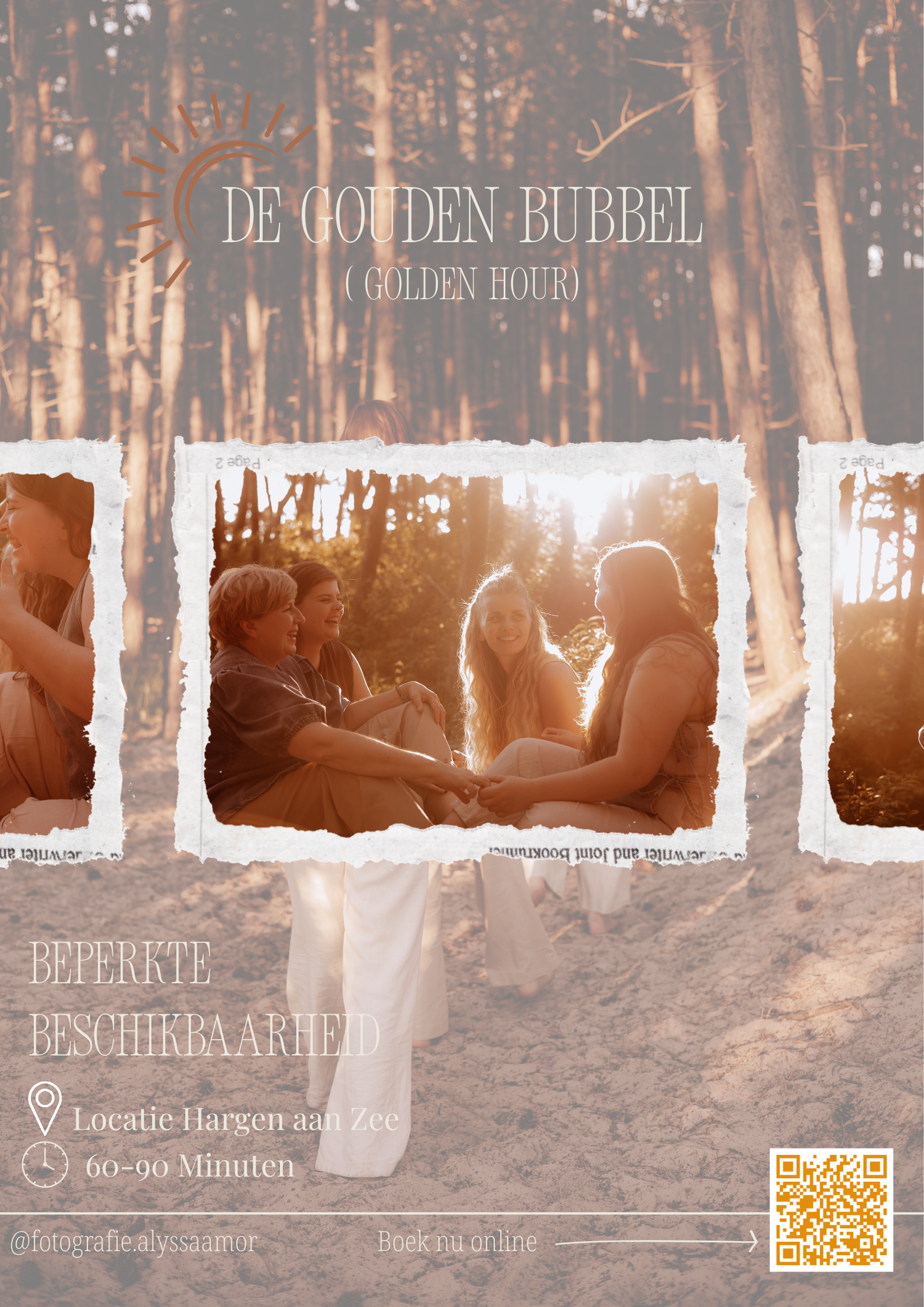 Dutch golden hour photography session flyer for De Gouden Bubbel at Hargen aan Zee beach location.