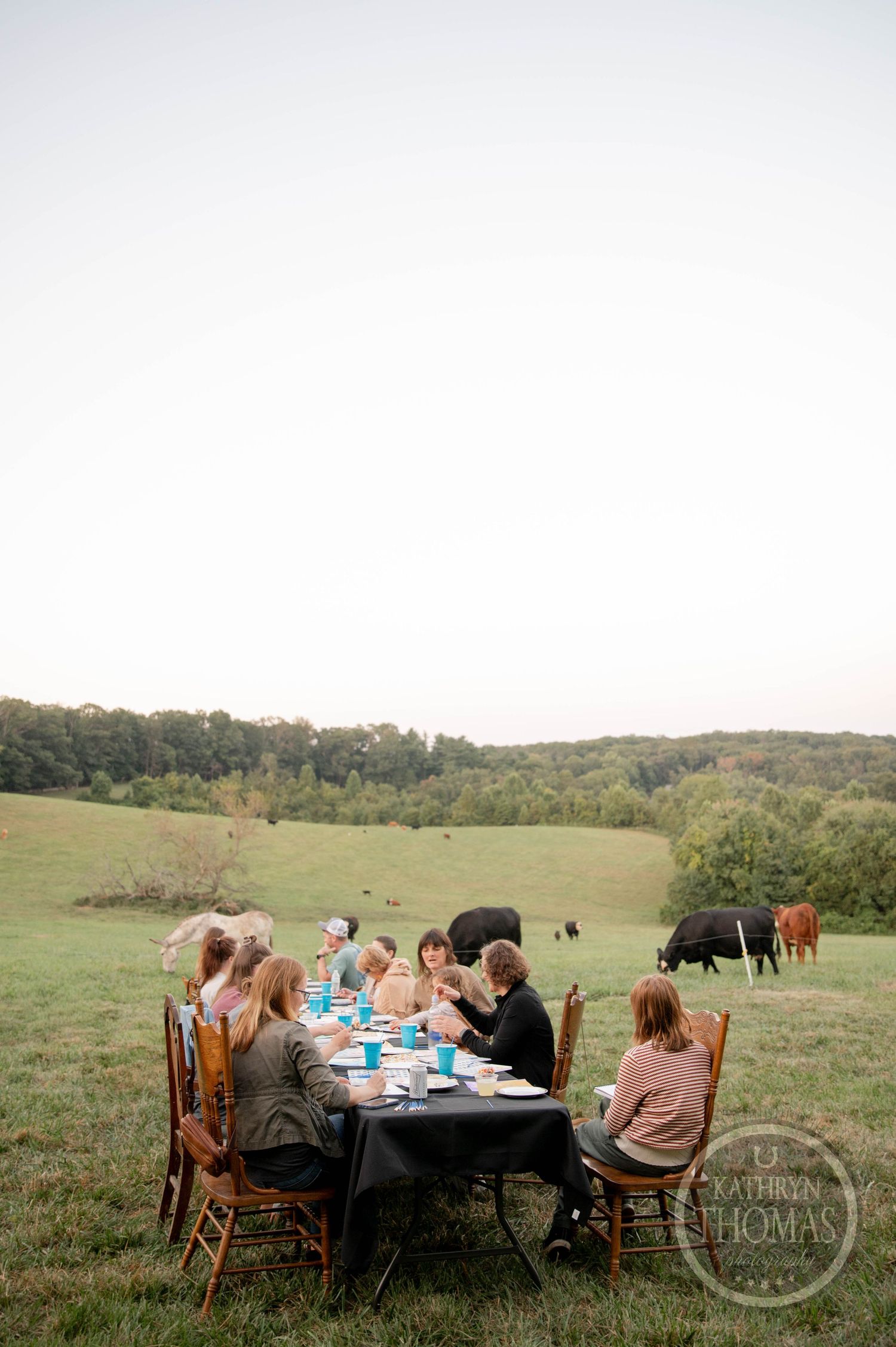Group of people gathered around a table outdoors in a green field, sharing a meal together at dusk.