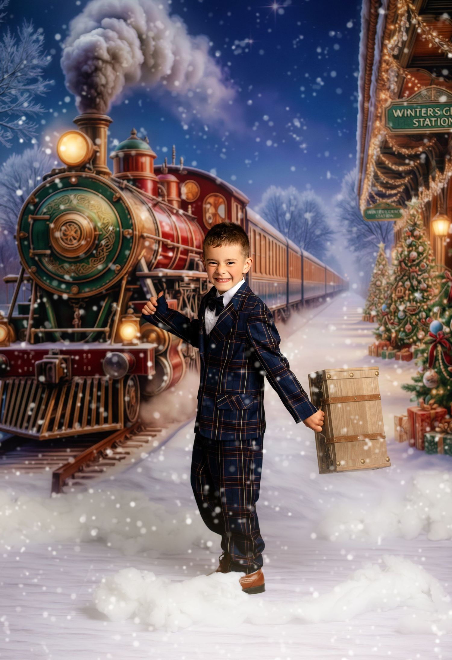 A young boy in a plaid suit poses at a snowy Christmas train station with a festive red locomotive.