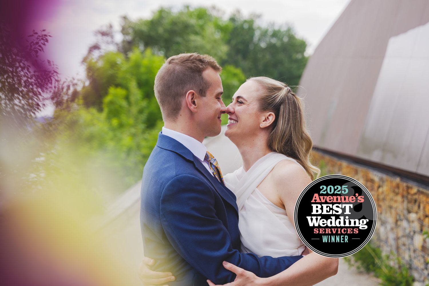 Award-winning wedding portrait with 2023 Best Wedding badge overlay.