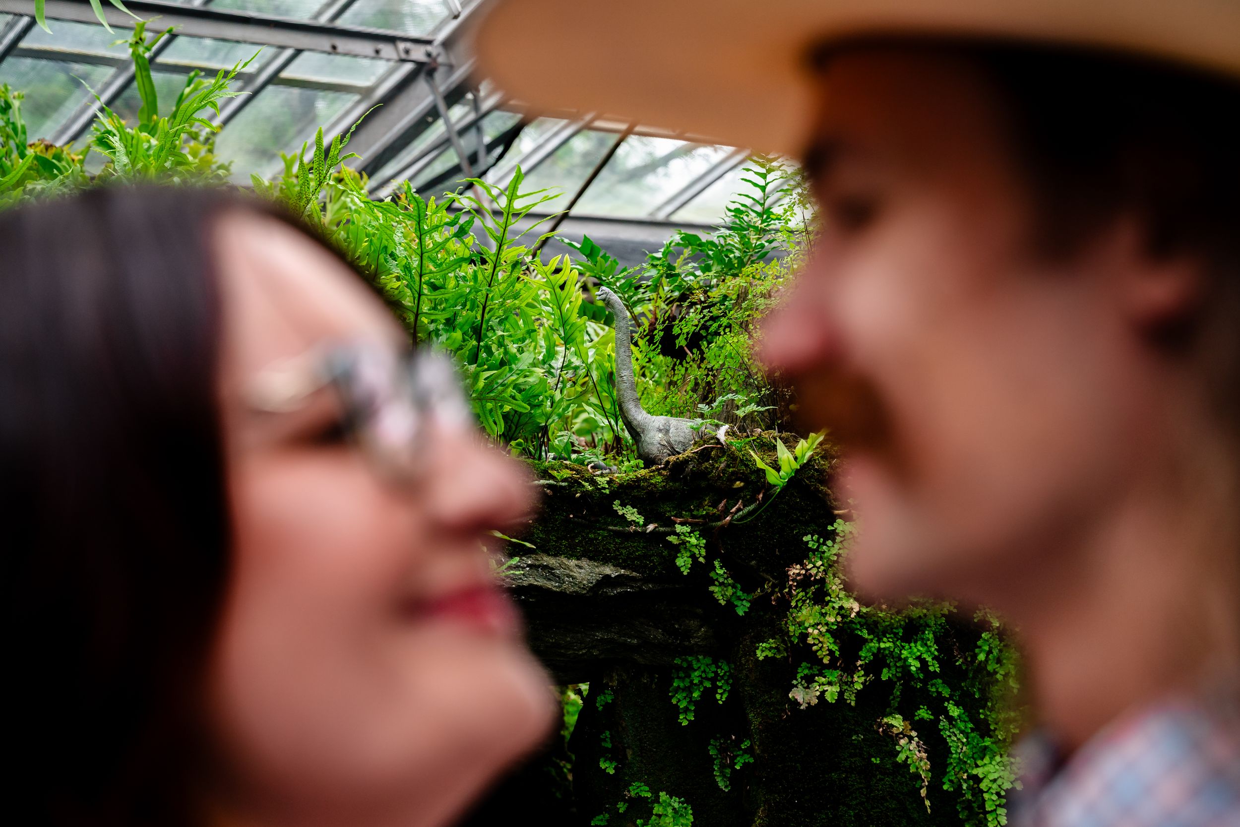 Close-up of a couple smiling at each other surrounded by vibrant green ferns in a greenhouse.