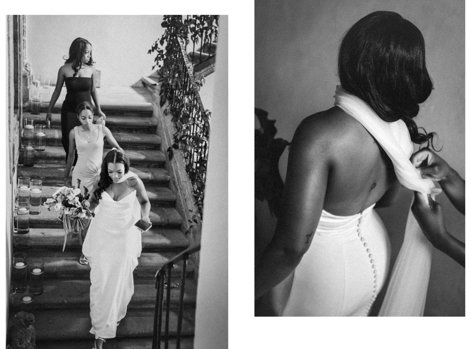 Black and white wedding photos showing bride in elegant halter gown on stone stairs with bridesmaids and dress detail.
