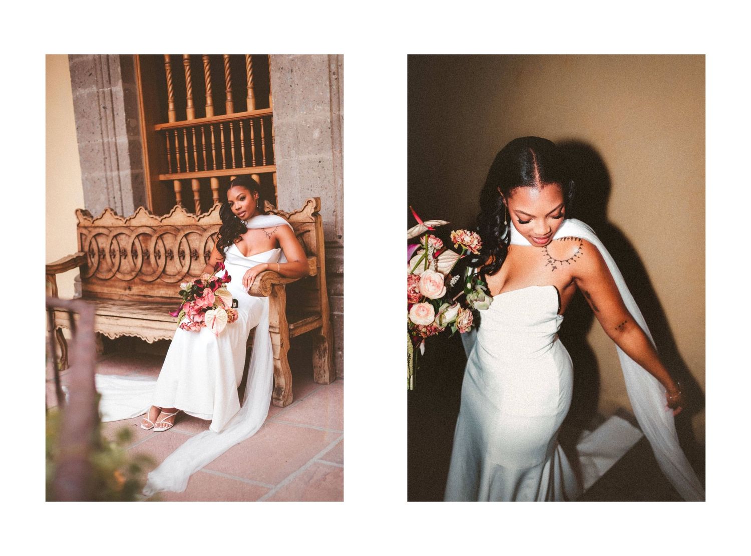 Elegant bride in a white strapless gown holds a pink bouquet, posing inside a rustic venue.