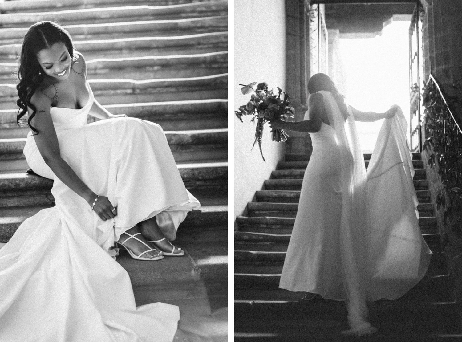 Black and white bridal photos of bride in strapless gown adjusting shoes and posing on grand staircase with bouquet.