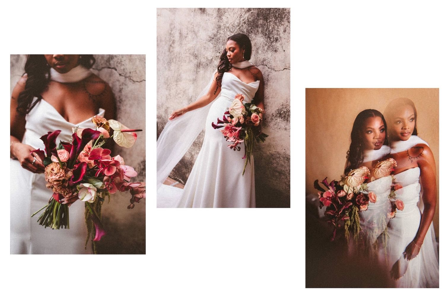 Elegant Black bride in white gown holding colorful floral bouquet, posing for wedding photos with another bride.