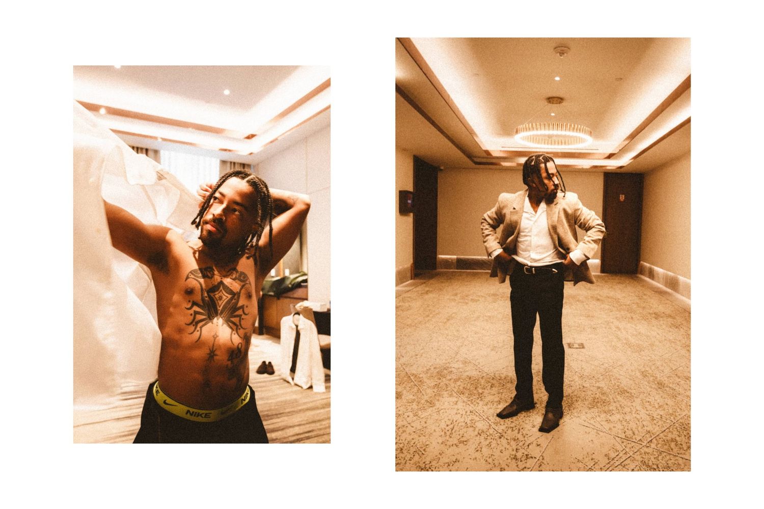Diptych showing a tattooed man shirtless and posing in a suit in a hotel corridor.