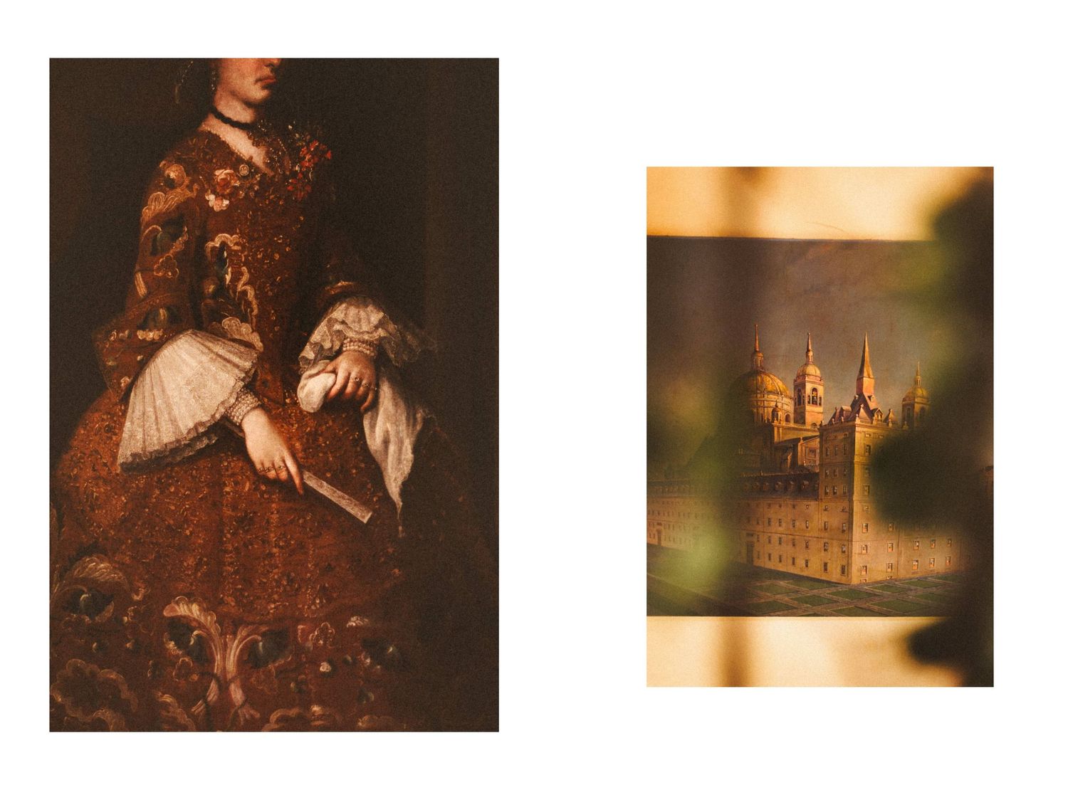 A diptych featuring a baroque portrait of a woman in ornate dress beside a golden-toned image of a historic castle.