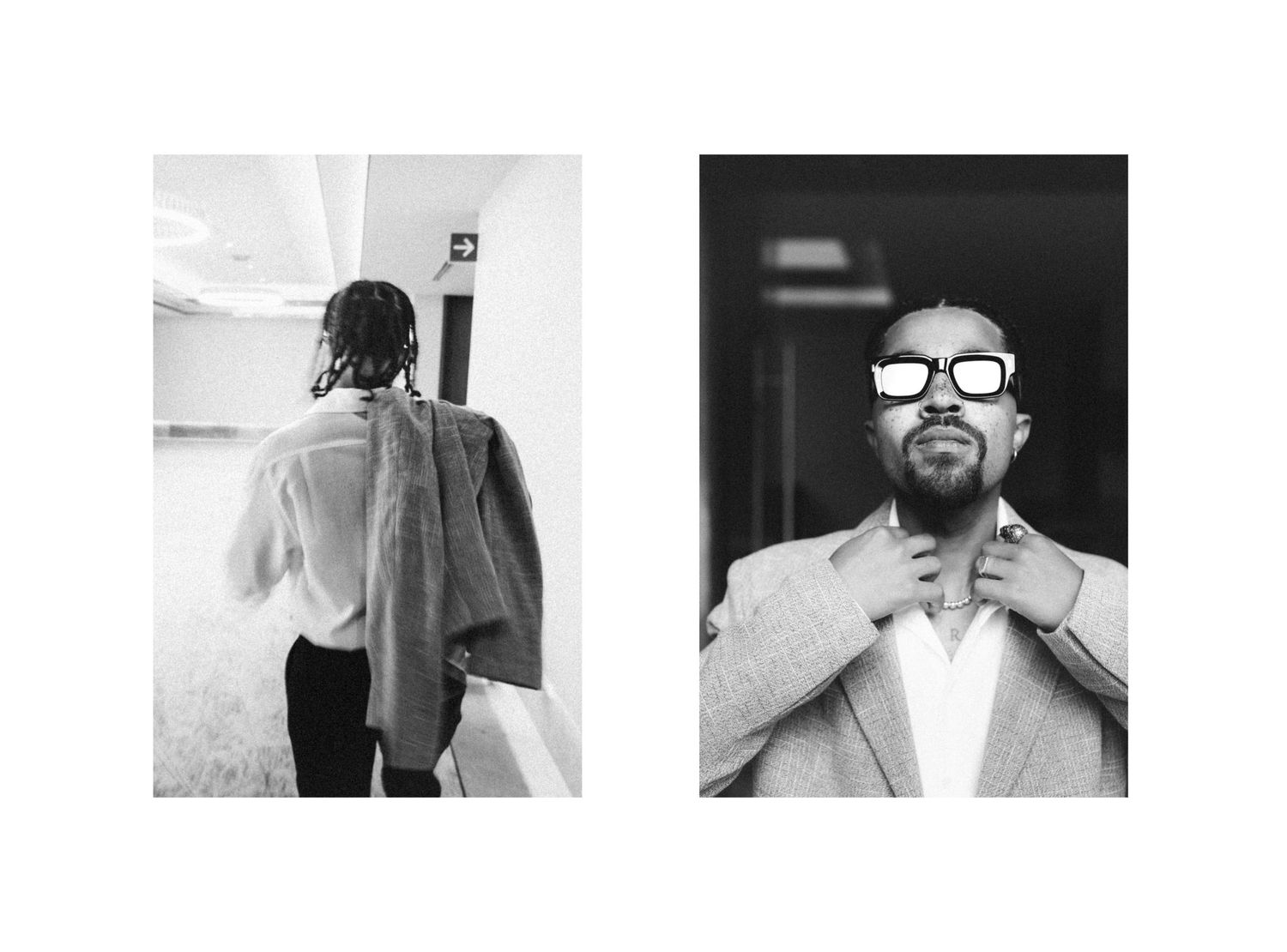 Black and white diptych of a man carrying a blazer and adjusting his collar wearing sunglasses.
