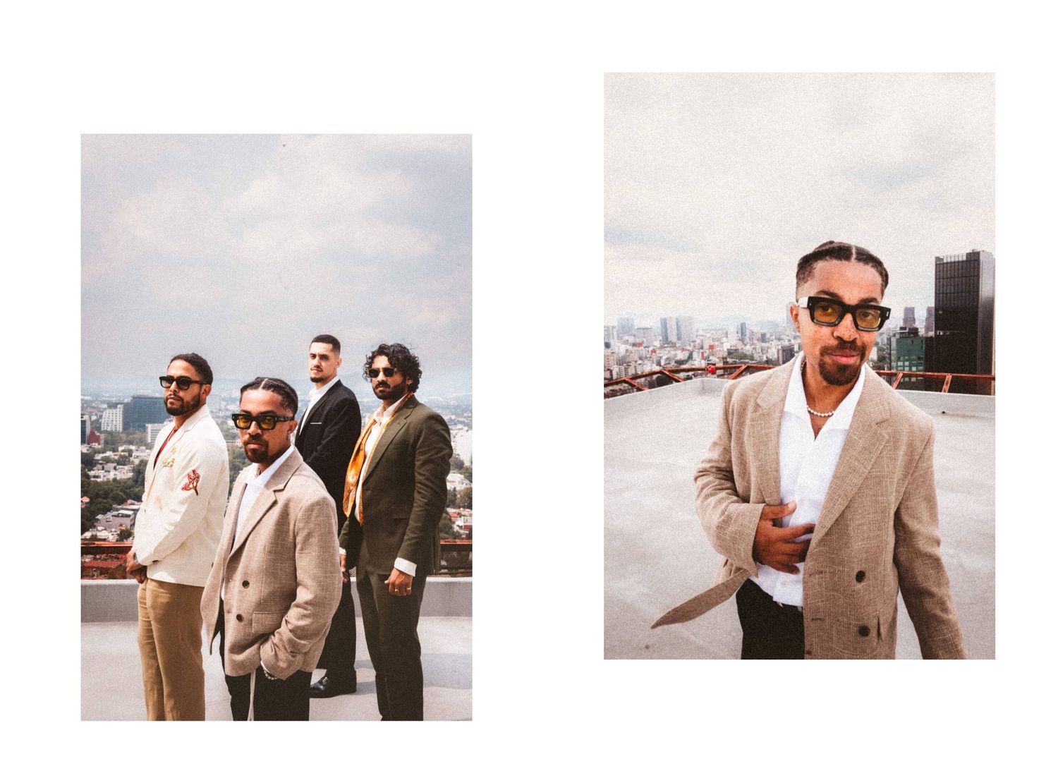 Group of stylishly dressed men in neutral suits posing on a rooftop with city skyline views.