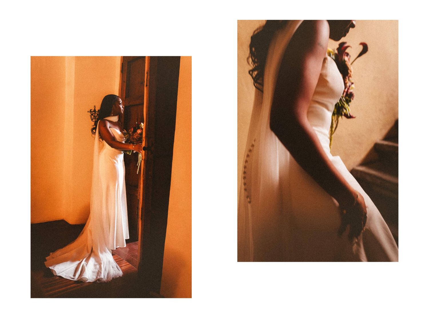 Bride in white wedding gown standing in doorway with soft natural light, holding bouquet in elegant bridal portrait.