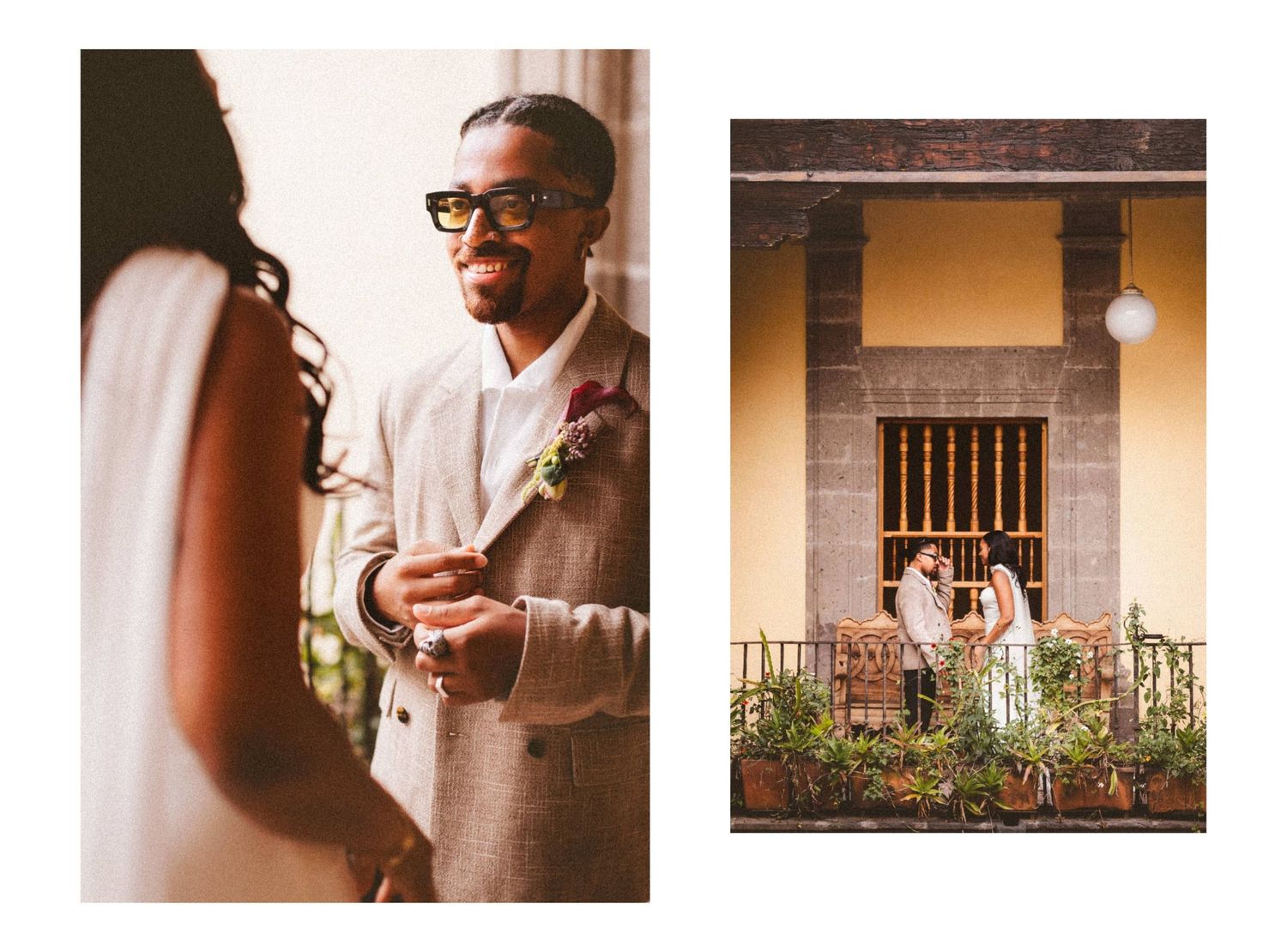 Groom in beige suit holding brides hands during outdoor wedding ceremony, couple posing on balcony of historic building.