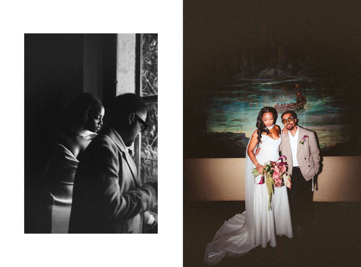 A wedding couple poses together in formal attire with colorful bouquet in a dual black and white photo.