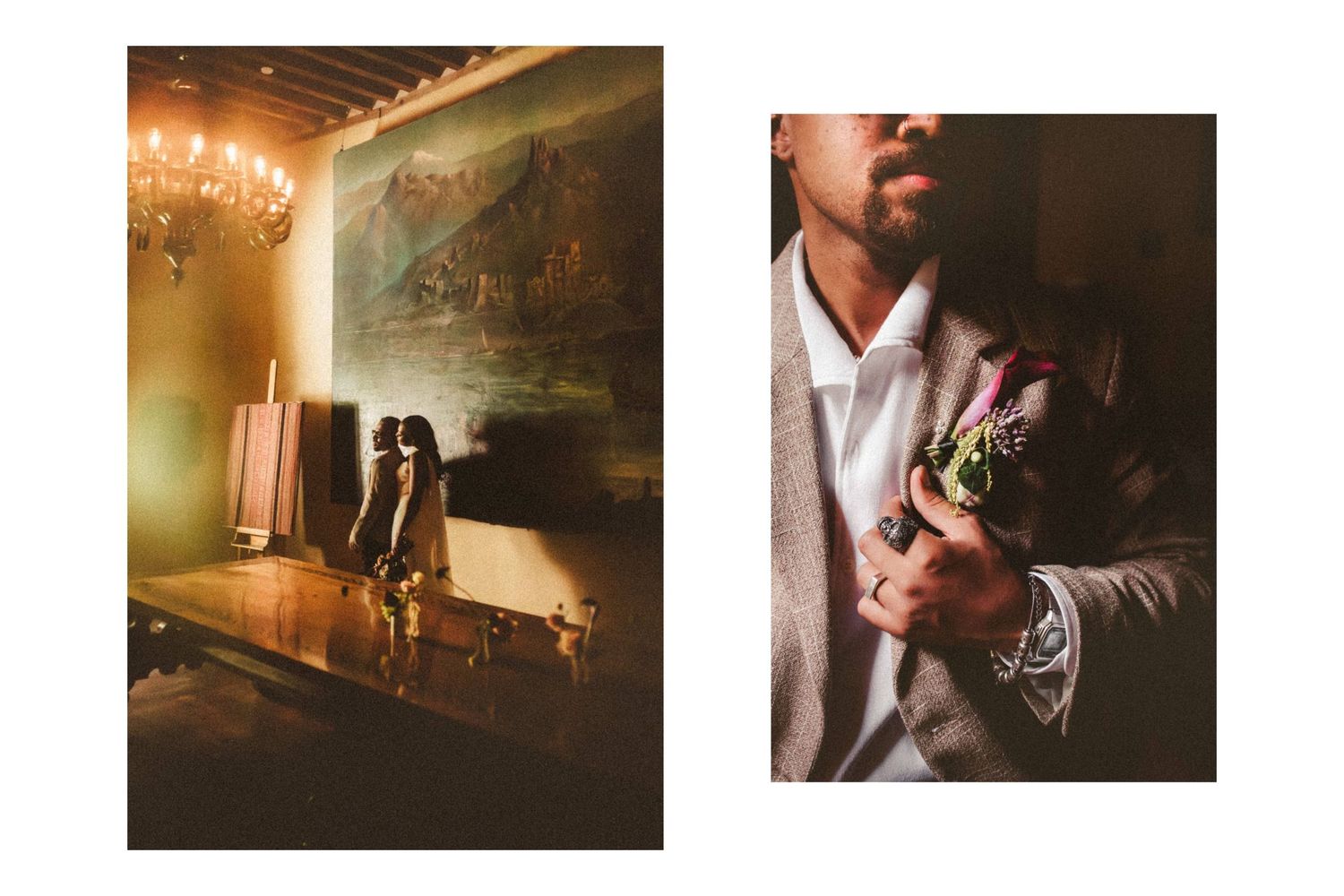 Elegant wedding details showing groom adjusting colorful boutonniere beside decorative figurines in ornate venue.