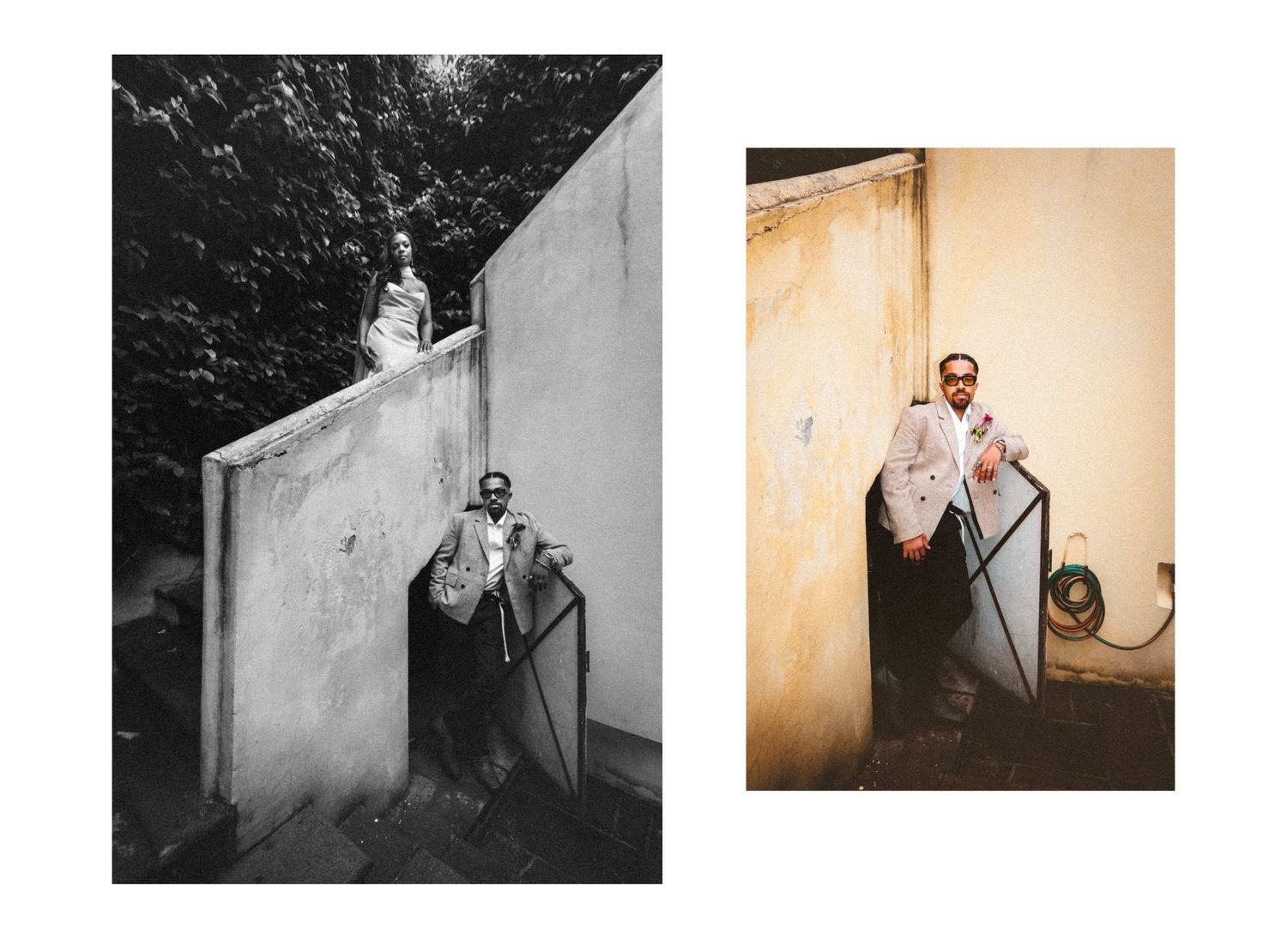 Diptych of a man posing near a concrete wall outdoors, shown in black and white and color versions.