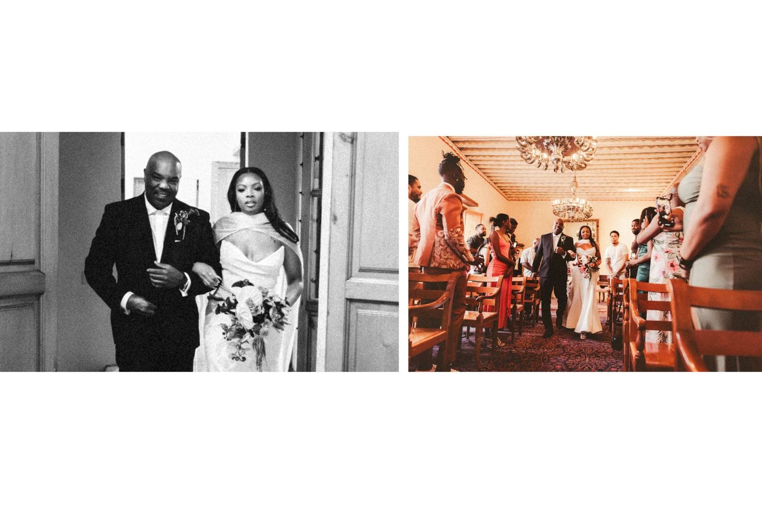 Bride walking down aisle with father in black and white, colorful wedding ceremony on right.