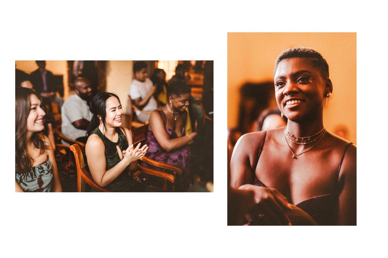 Diverse group of people clapping and smiling at an indoor event, alongside a joyful young Black woman with a radiant smile.