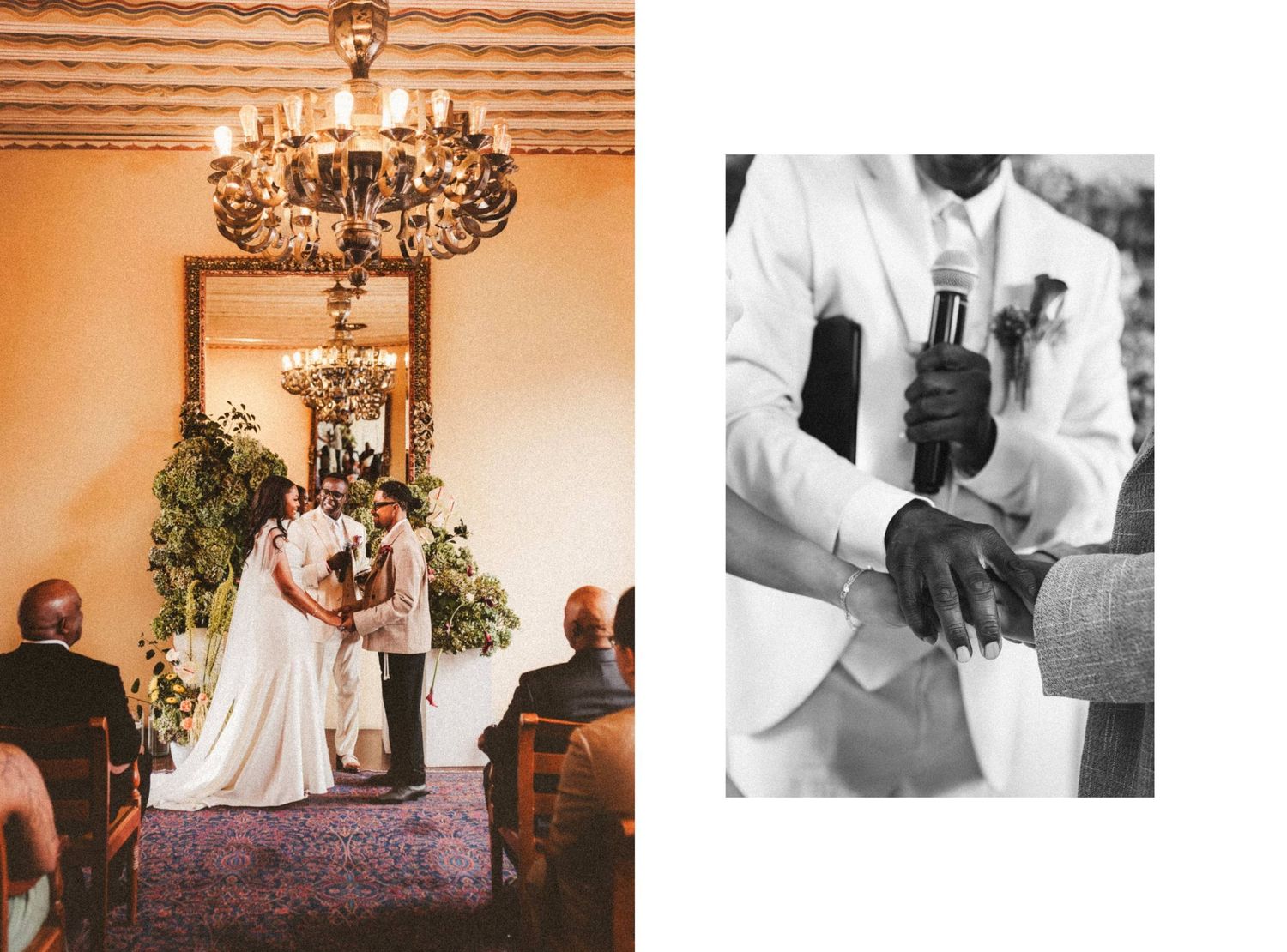 Elegant wedding ceremony in ornate venue with chandelier, bride and groom at altar, plus black and white close-up of hands holding mic.
