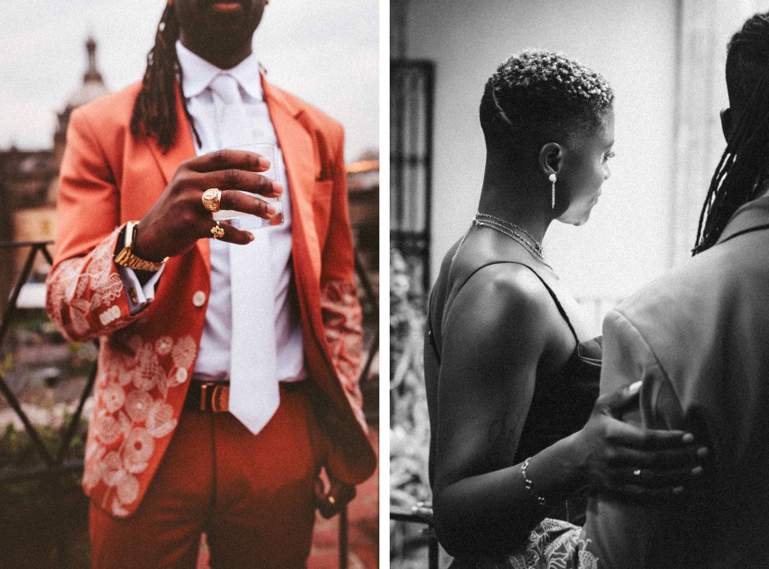 Man in red floral suit holding a glass, beside a black-and-white photo of a couple in elegant attire.