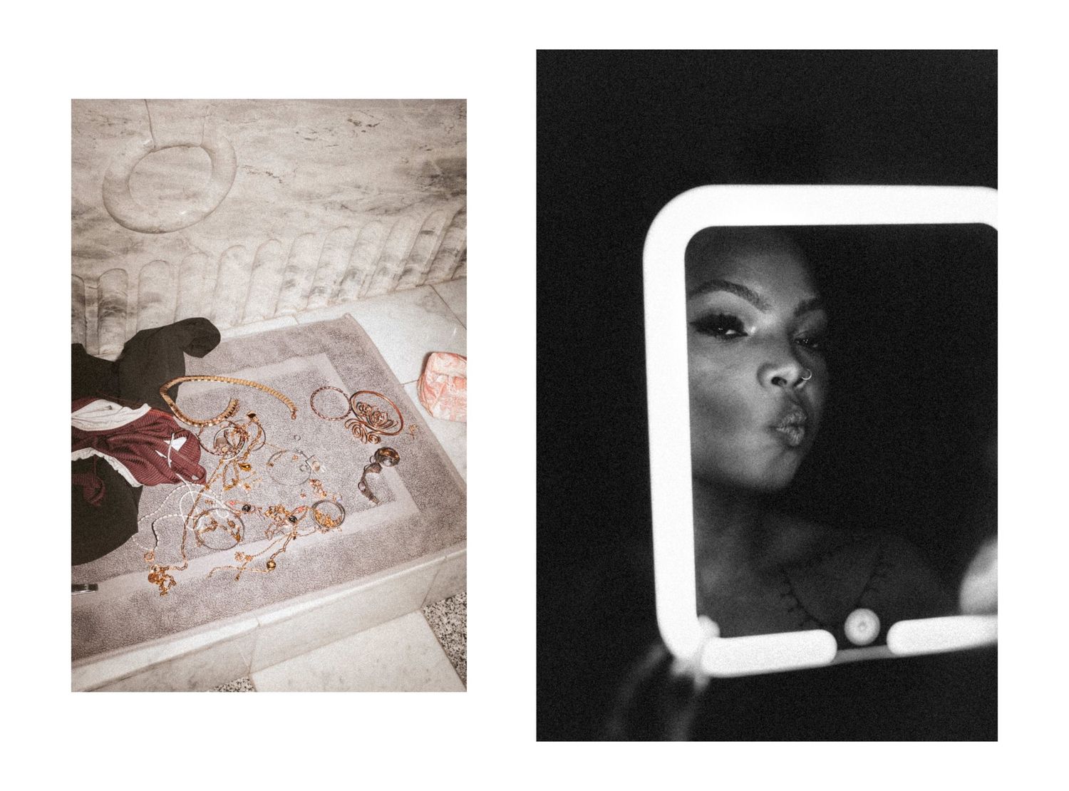 A diptych showing a jewelry tray with gold rings and a black-and-white portrait of a woman gazing into a lit mirror.