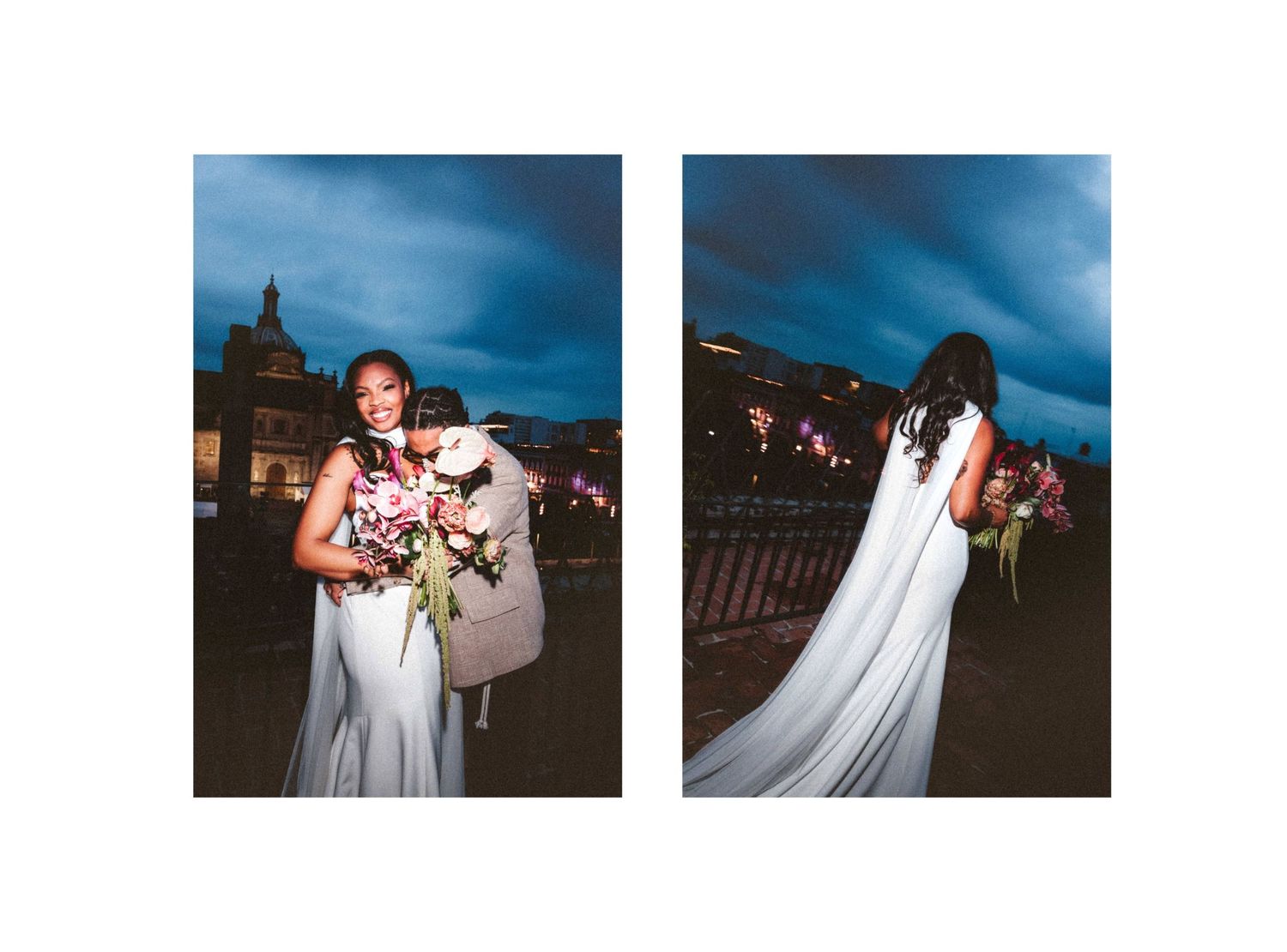 Bride in white gown holding floral bouquet poses outdoors at dusk in a dual-panel wedding portrait.