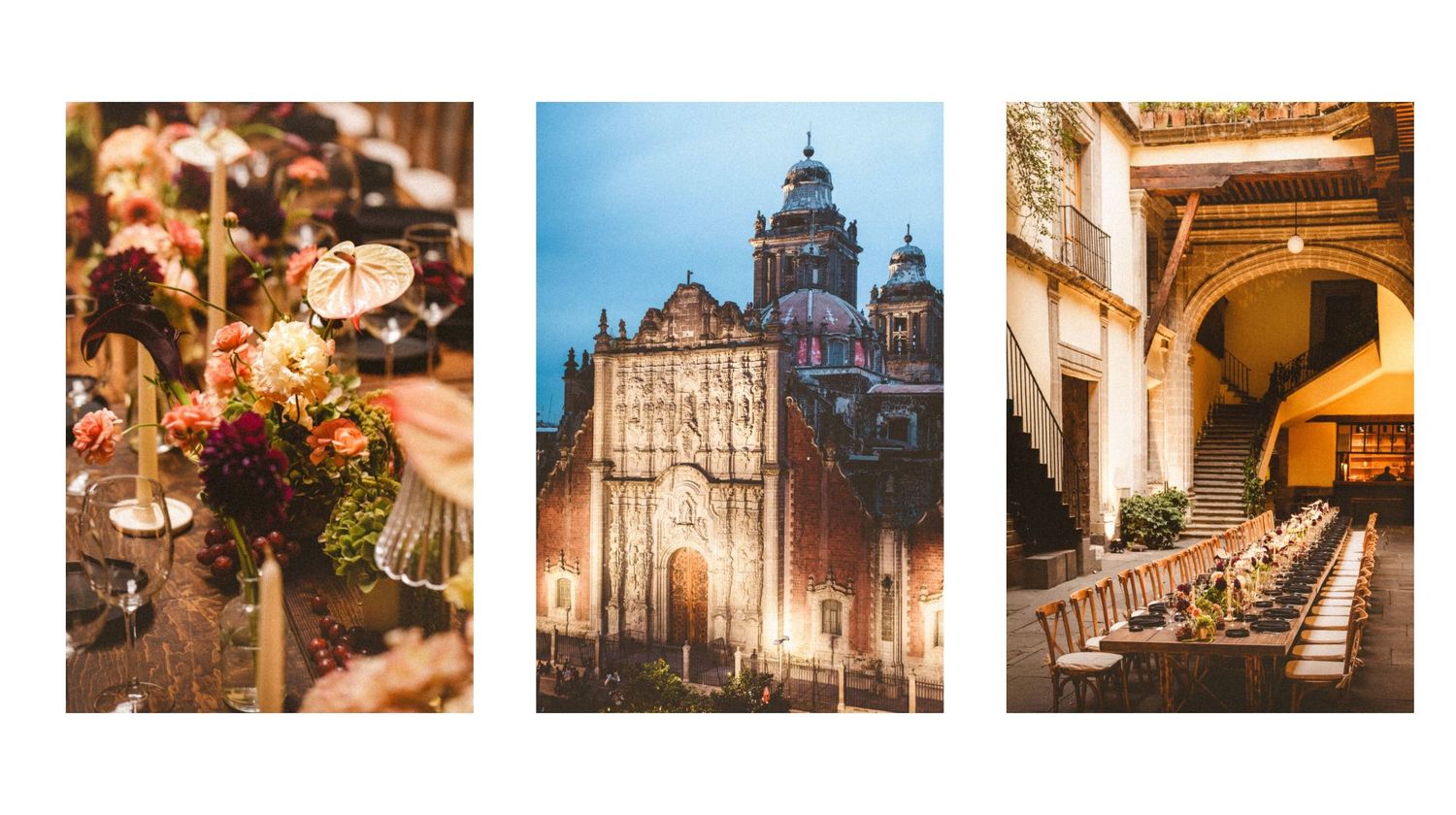 Triptych of a Mexican wedding venue featuring floral centerpieces, a lit cathedral facade, and an elegant outdoor dining hall.