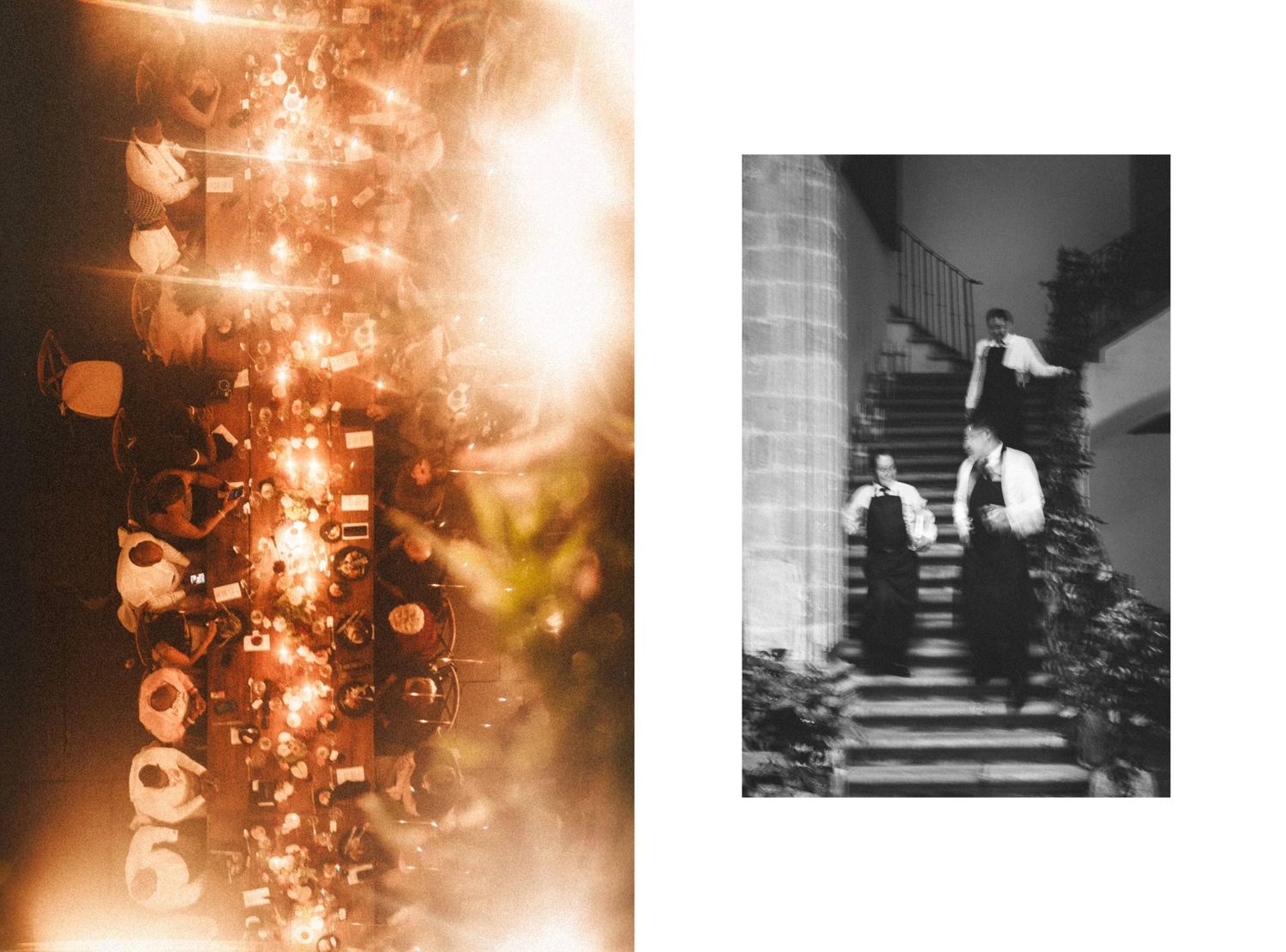 Warm glowing bokeh lights with floral decorations beside a vintage black and white photo of people on stone stairs.