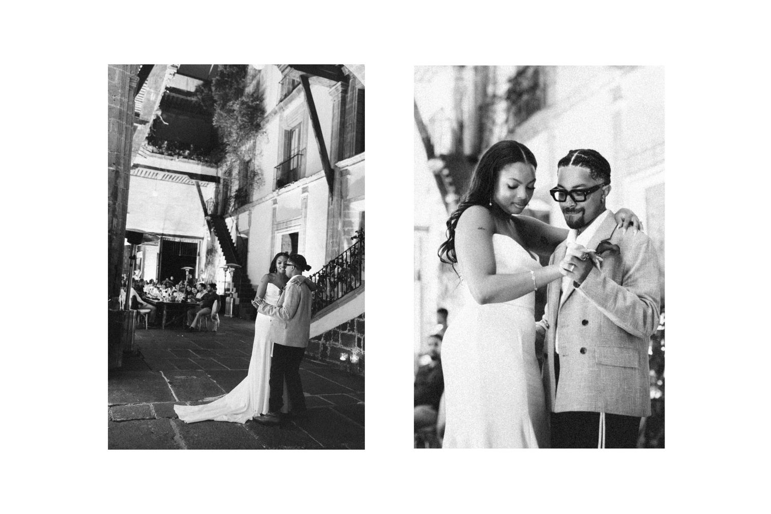 Black and white wedding photo diptych showing bride in elegant gown with groom in suit, captured outdoors in urban setting.