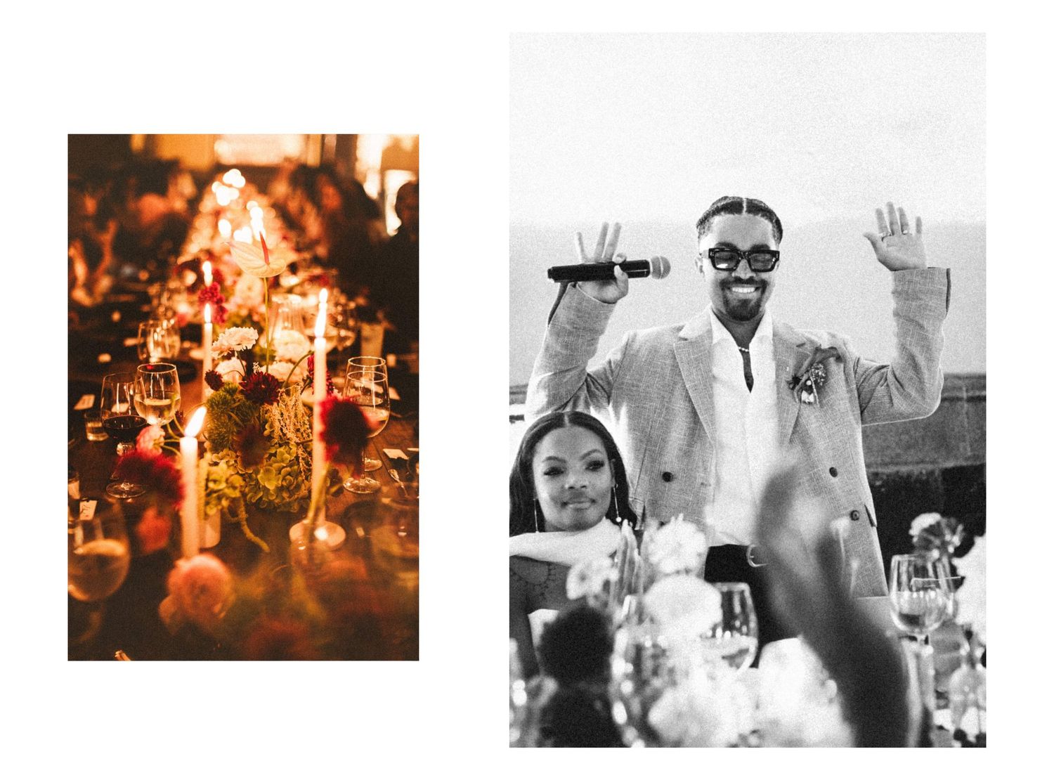 Elegant candlelit wedding reception table and a performer singing with microphone at an outdoor celebration.