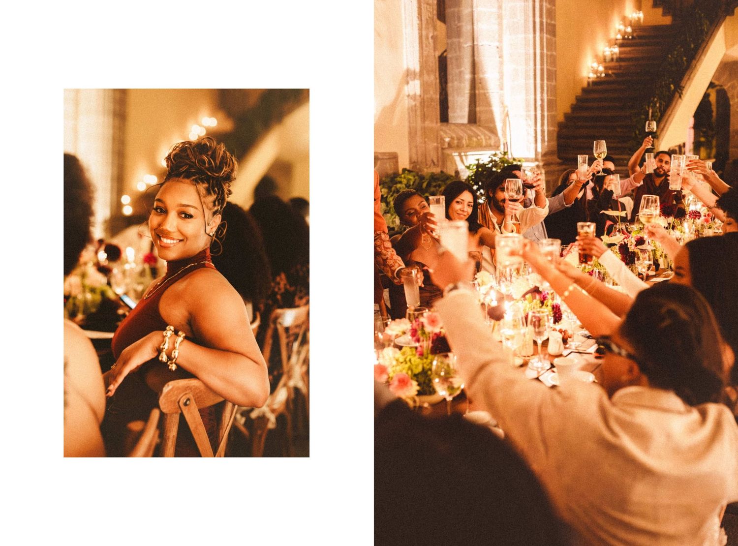 Bride smiling at elegant wedding reception dinner with guests raising glasses in candlelit venue.