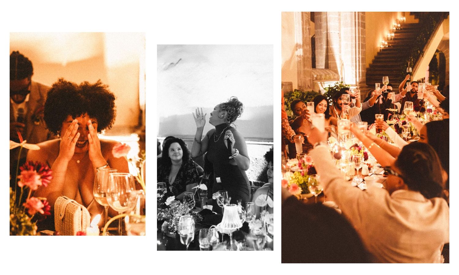 A triptych of warm wedding celebration photos showing guests toasting, laughing, and dining at an elegant reception.
