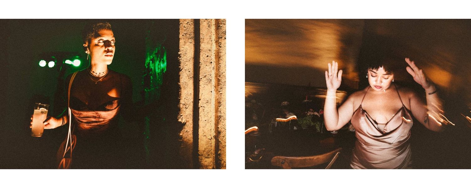 Two dramatic performance photos showing an intense singer on stage and a woman dancing with raised hands in warm light.