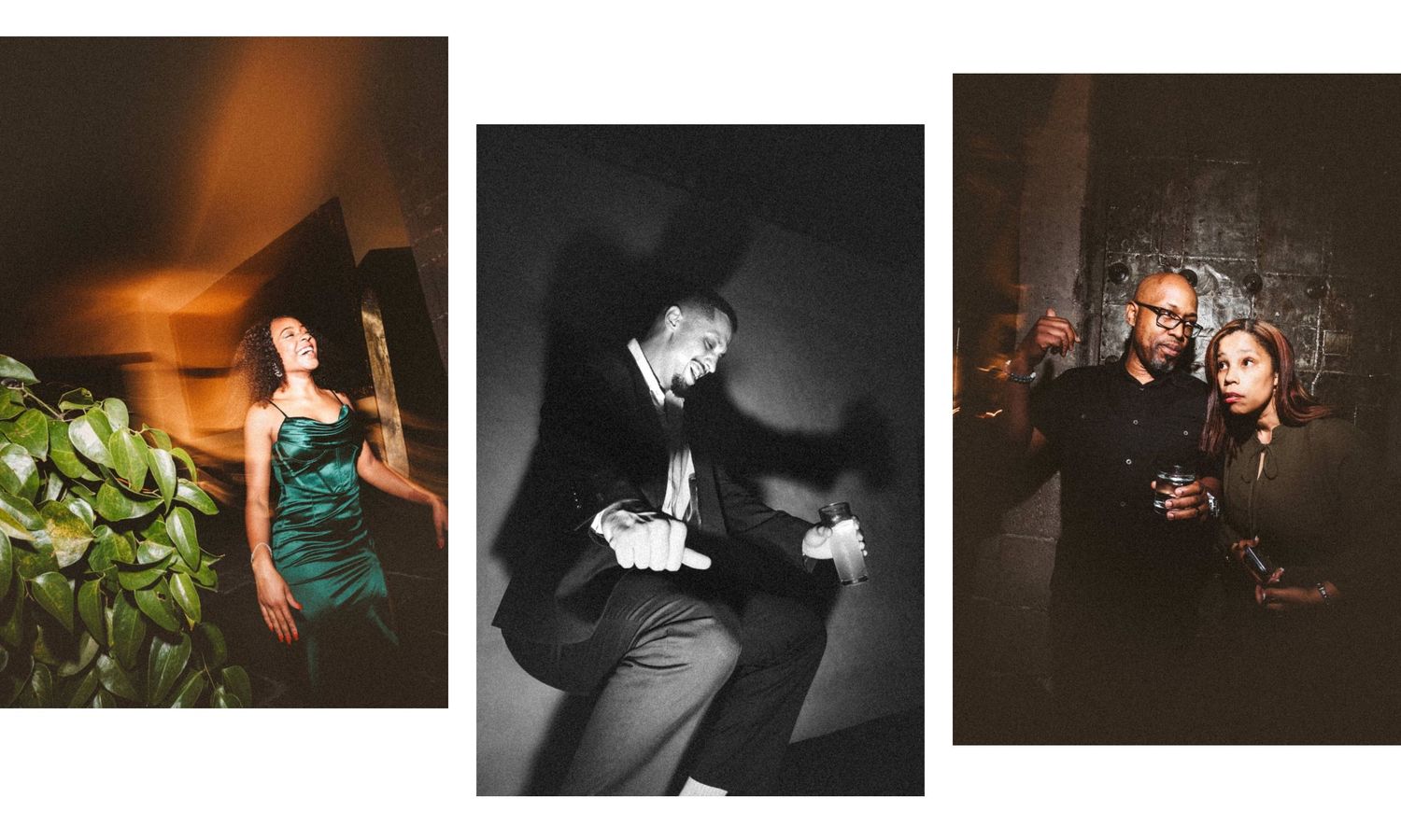 Triptych of elegant wedding guests dancing and posing at a sophisticated evening reception.