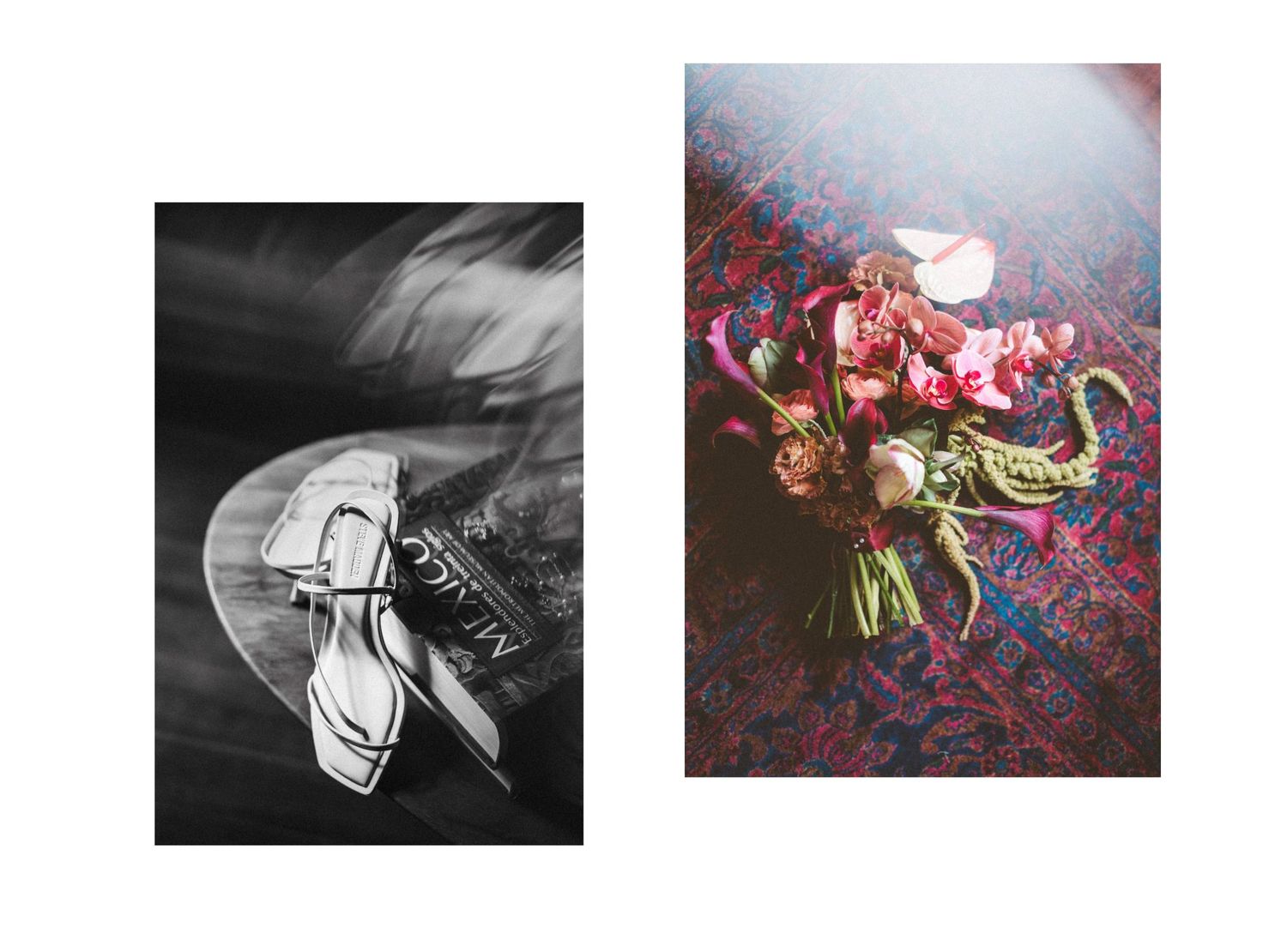 Elegant high heel shoe and floral bouquet arrangement in artistic split composition.