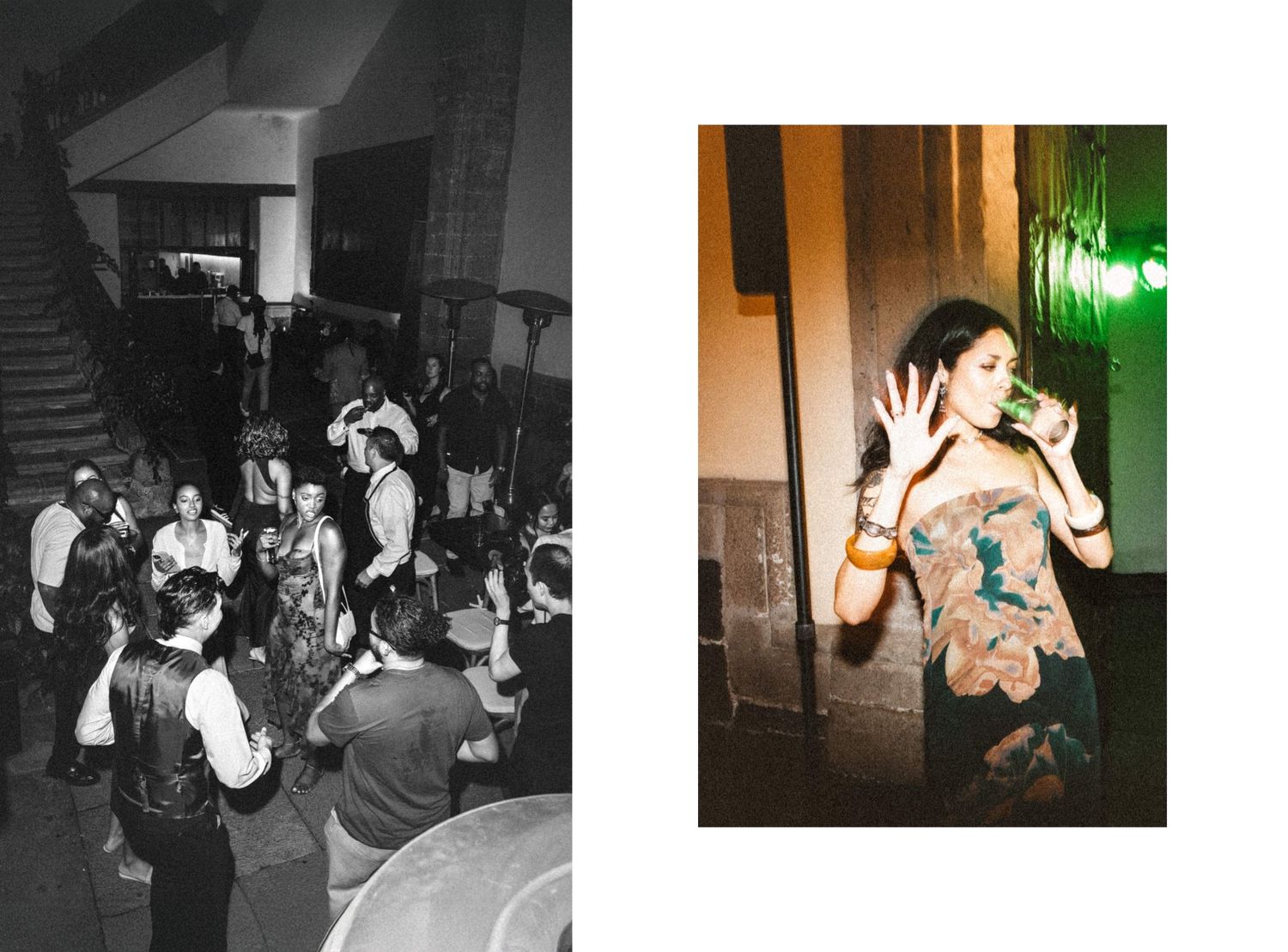 Split image showing lively wedding reception dancing and a guest posing with a drink.