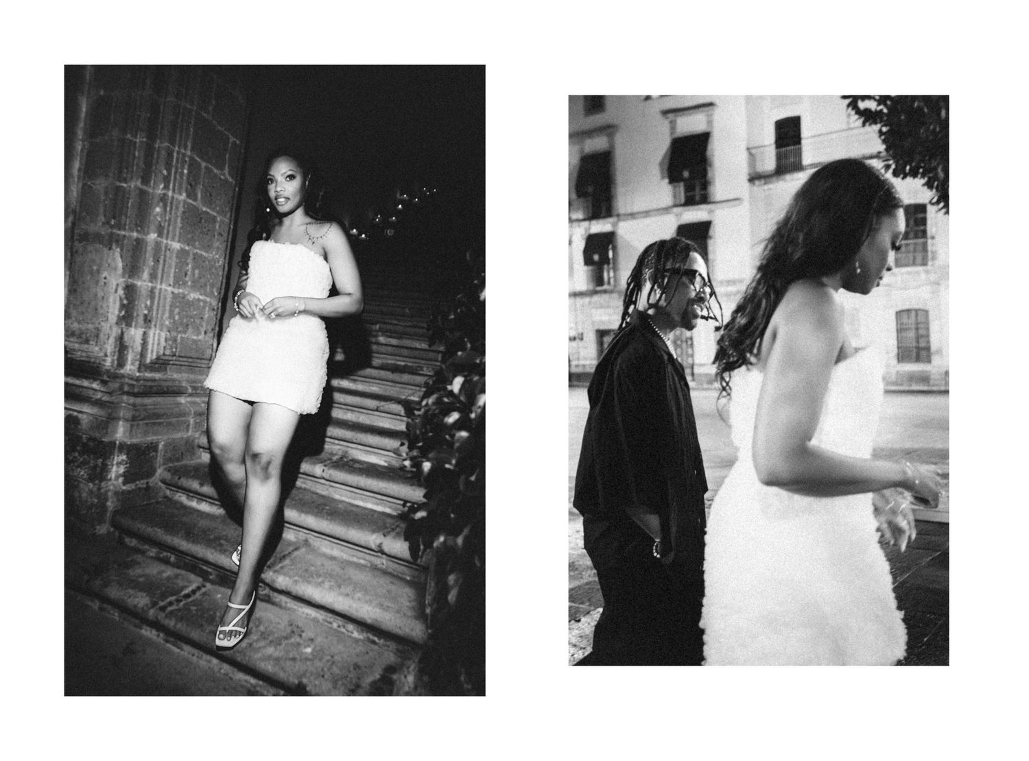 Black and white film photos of two women in white dresses posing at a historic stone building at night.