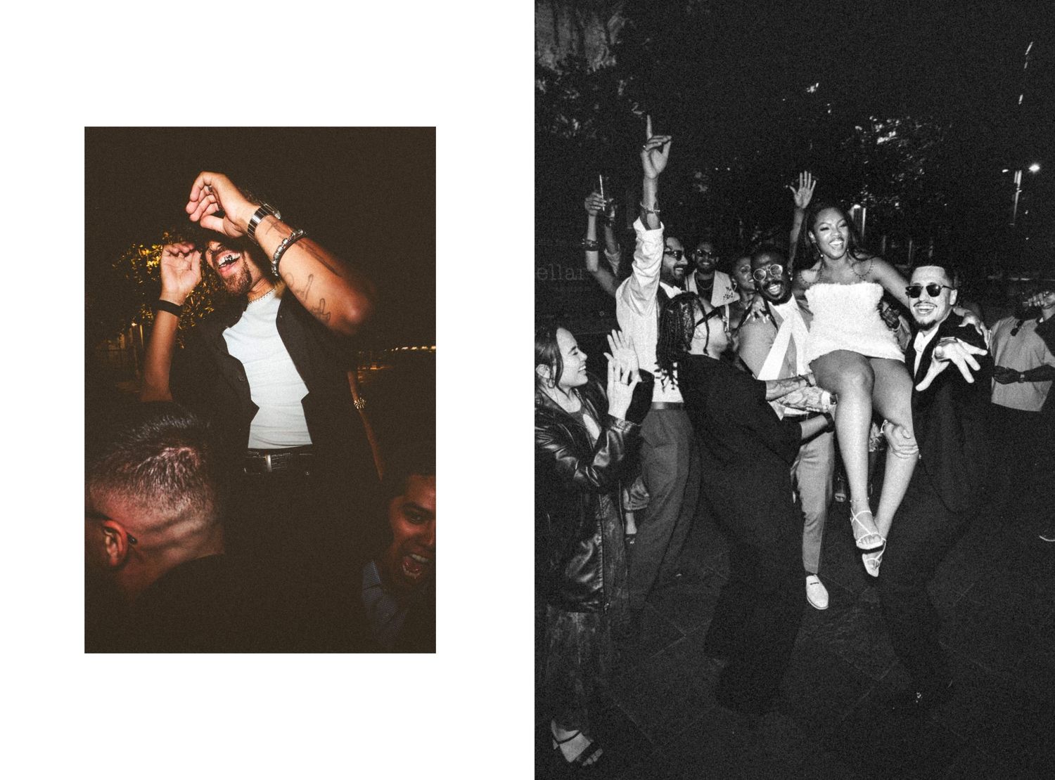 Two festive party scenes: a man dancing at a celebration and a woman being lifted by friends at a nighttime outdoor event.