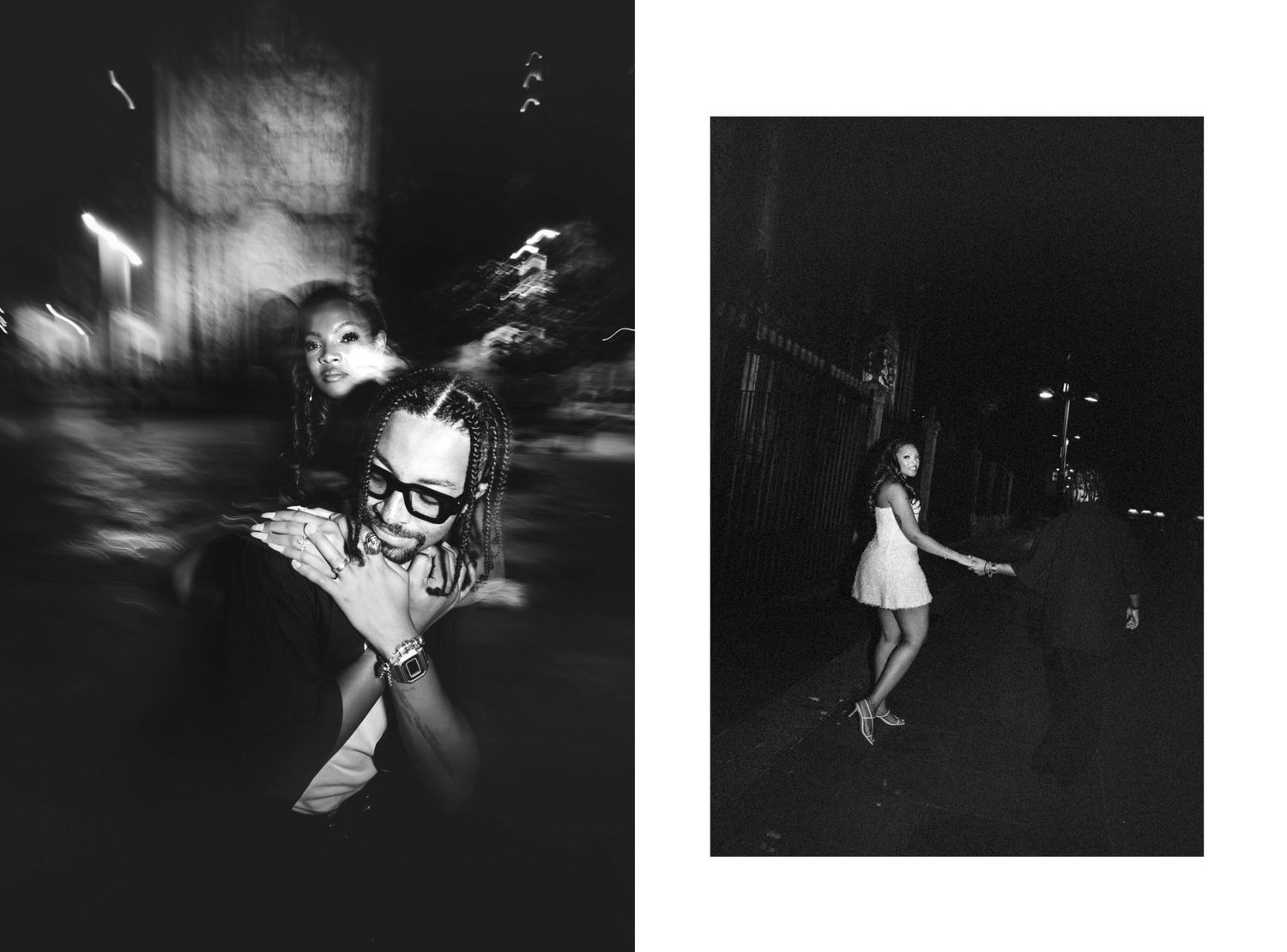 Black and white diptych of blurred nighttime street photography featuring people in motion under dim urban lights.